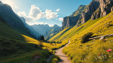 A Serene Mountain Pathway Bathed in Golden Sunlight