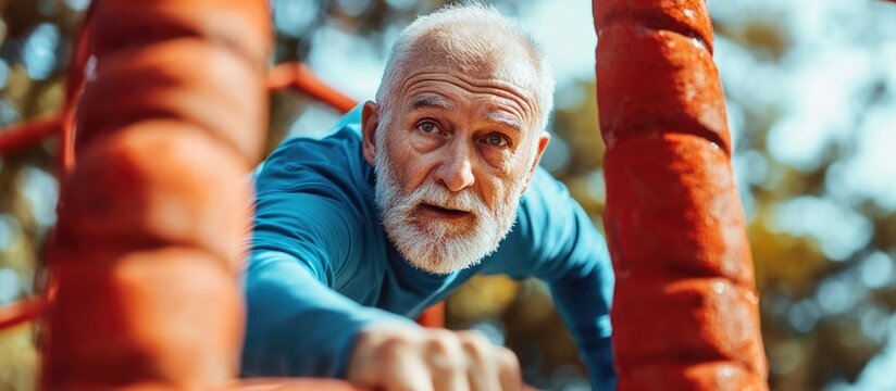 Dynamic senior athlete overcoming obstacles in an outdoor course emphasizing strength and determination with a focus on action and movement