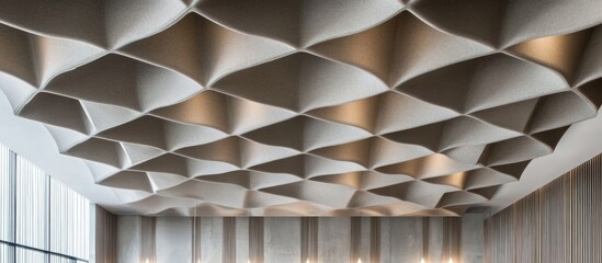 Acoustic ceiling design featuring textured soundproof material for enhanced noise reduction and modern aesthetics in interior spaces.