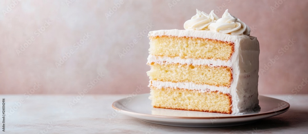 Poster moist vanilla cake with creamy frosting on a plate against a soft background ideal for text insertio