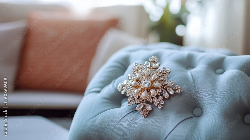 Poster elegant brooch resting on soft tufted sofa in stylish living room with blurred background creating a