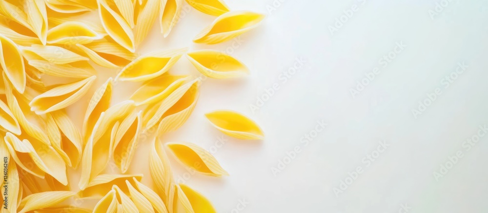 Poster colorful pasta shells scattered on a white surface creating an appealing culinary background for foo