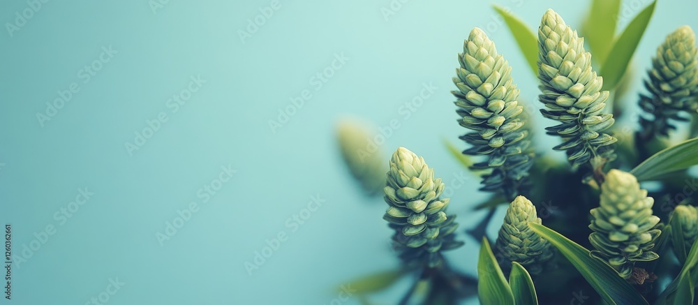 Poster young green pine cones on conifer tree against soft blue background with space for text or graphics