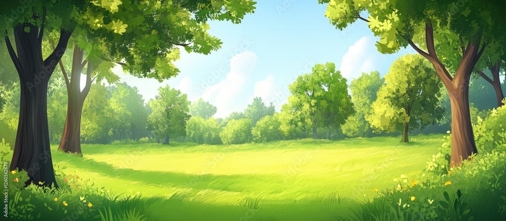 Poster springtime park with lush green grass and vibrant trees offering a serene landscape and ample empty 