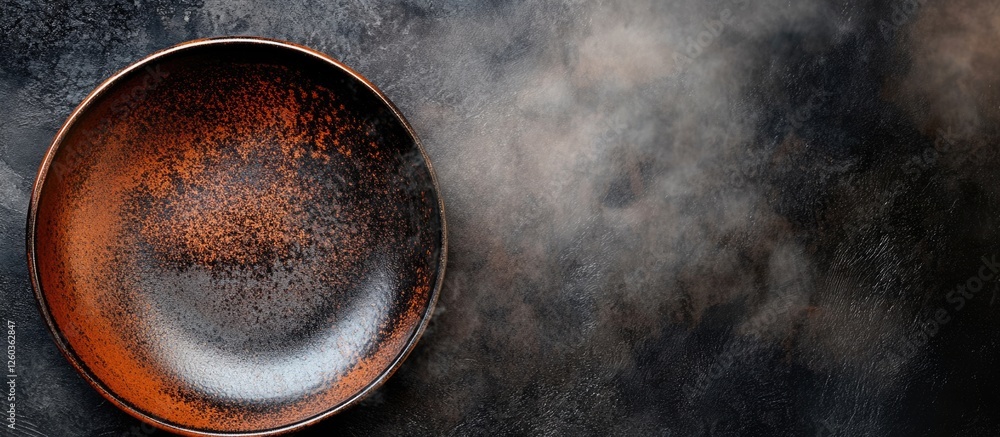 Poster ceramic bowl with spicy wood ash glaze on a textured background featuring ample empty space for text
