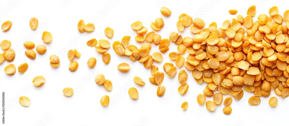 Poster split yellow soybeans arranged on a clean white background emphasizing their texture and color for c