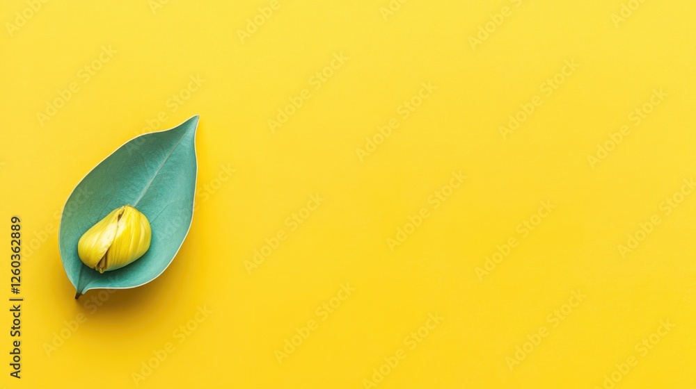 Poster spring freshness concept with green leaf and yellow pod on bright yellow background for text and des