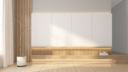 Modern Japanese-style living room with a built-in TV cabinet finished with wood and white paint, wooden floors, and slatted wooden walls. 3d rendering