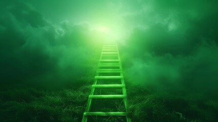 A surreal image of a green ladder stretching into a luminous, cloudy sky, symbolizing ascension and dreams. Perfect for spiritual, abstract, or conceptual themes. AI generated.