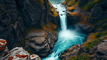 Awe-Inspiring Waterfall and River Set Against Rugged Mountain Terrain