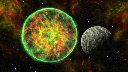Naklejka premium Cosmic Nebula Swirling in Deep Space with Vibrant Colors and Celestial Bodies Nearby