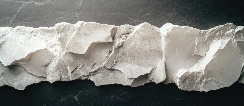 Mineral specimen of kaolinite kaolin displayed on a black background highlighting its texture and structure, essential for paper production.