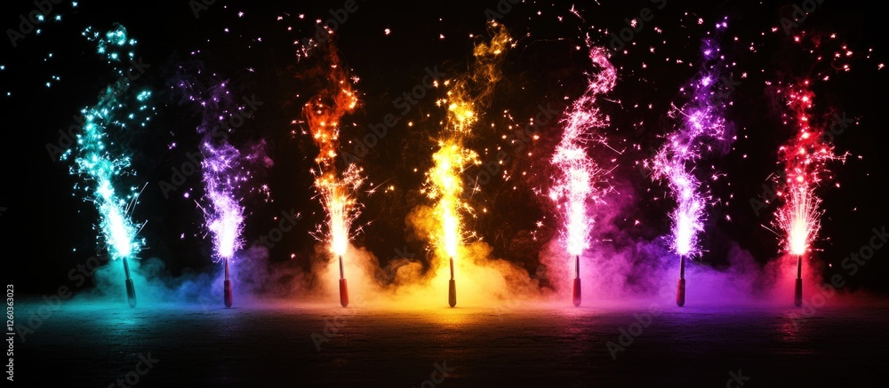 Poster colorful sparkler background with vibrant flames and sparks emitting in a dark atmosphere creating a