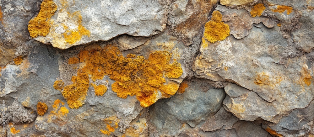 Poster textured background of a weathered stone wall featuring rough stones with moss and lichen patterns f
