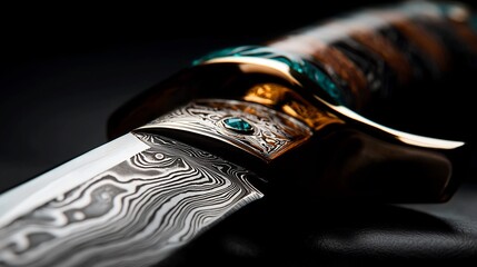 Detailed Damascus Steel Sword Blade Showing Wavy Pattern with Golden Hilt