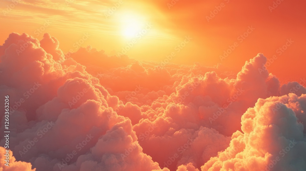 Poster sunlight illuminating cumulus clouds in orange sky with blank space for text and copywriting opportu