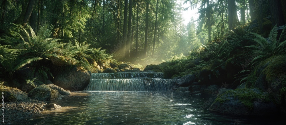 Canvas Prints serene forest scene with a gentle stream flowing over moss-covered rocks and surrounded by lush gree