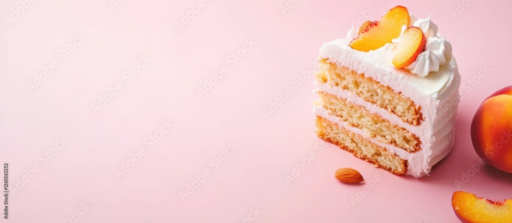Aufkleber peach cake slice with almonds on soft pink background ideal for text placement