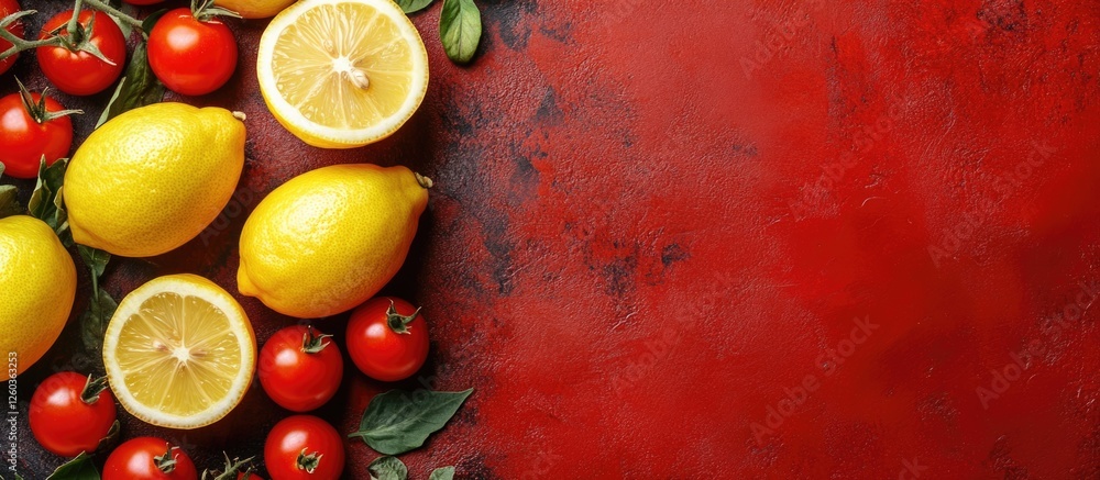 Poster Fresh lemons and ripe tomatoes arranged on a textured red background with ample space for text or design elements