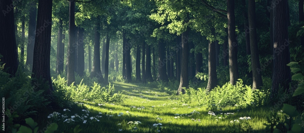 Poster lush green pine forest with straight tree trunks and a sunlit path inviting exploration through natu