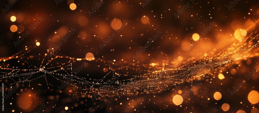 Aufkleber spider web with water droplets illuminated by soft bokeh lights on a dark orange background creating