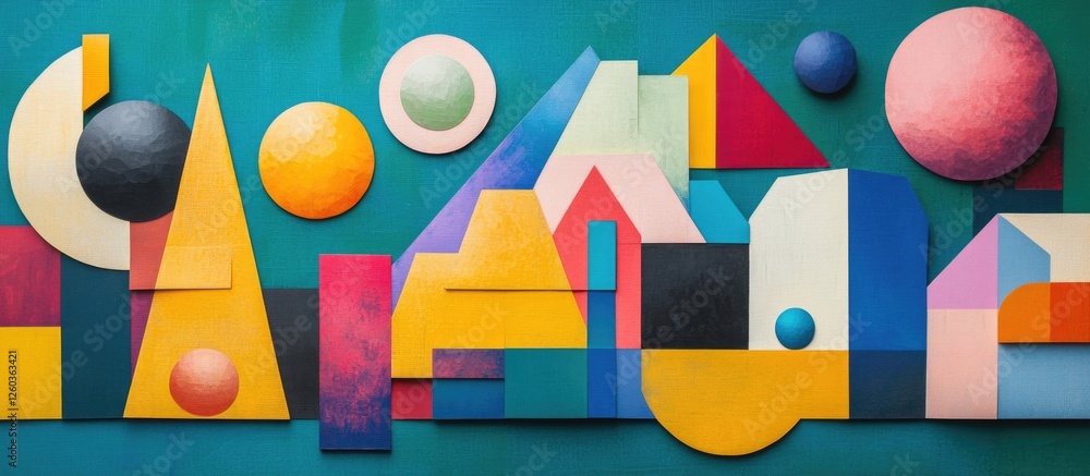 Poster colorful geometric shapes and structures on a teal background creating a vibrant and artistic abstra