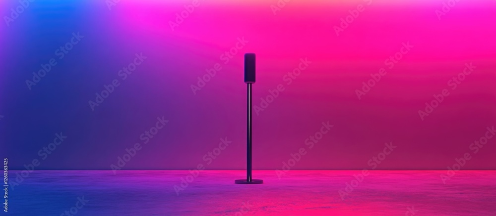 Poster sleek microphone on stage illuminated by vibrant purple and pink lighting with empty space for text 
