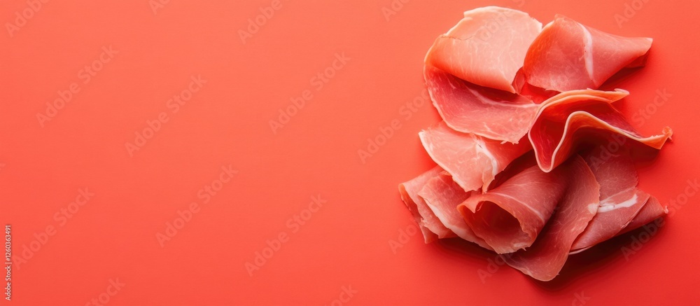 Poster slices of cooked ham arranged on a vibrant red background showcasing minimalism and space for text o