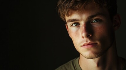 Fototapeta premium Young adult man portrait with soft lighting showcasing facial features and expression against a dark background.