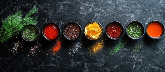 Chips with assorted sauces and spices in bowls arranged on black stone surface vertical composition