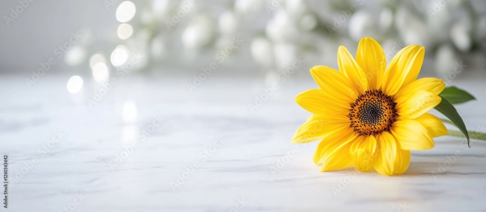 Aufkleber vibrant yellow sunflower against a soft white background with bokeh effect and sunlight creating an 