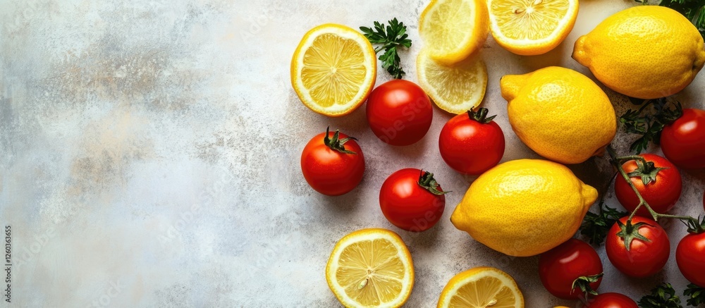 Poster fresh yellow lemons and vibrant red tomatoes on a neutral background with ample space for text and d