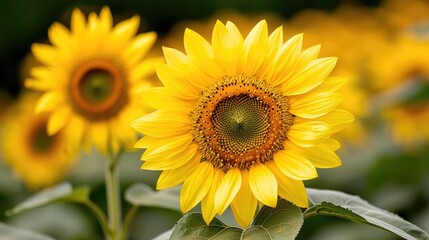 Obraz premium Bright sunflowers field, summer bloom, nature background