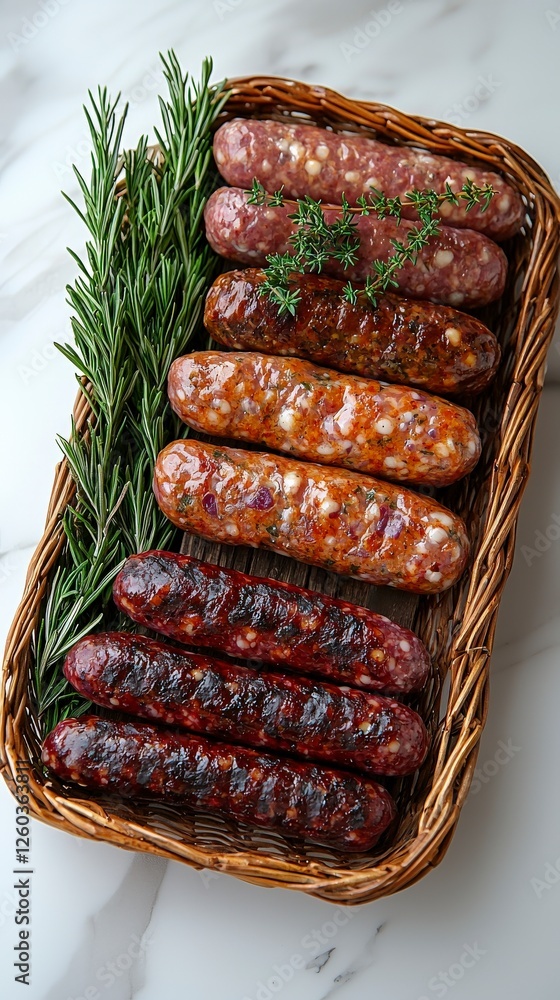 Poster a delightful variety of sausages displayed in a basket adorned with lush herbs, emphasizing the rich