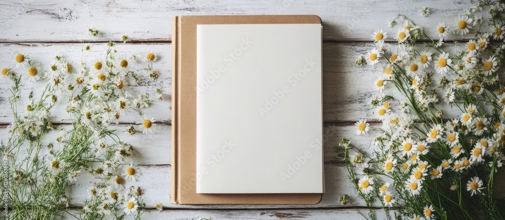 Poster stylish branding mockup featuring a blank notebook surrounded by chamomiles on a rustic white wooden