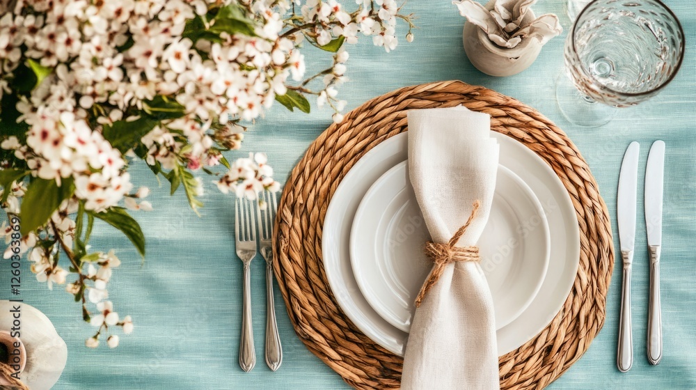 Aufkleber elegant spring table setting with fresh flowers and copyspace for custom text ideal for lunch or din
