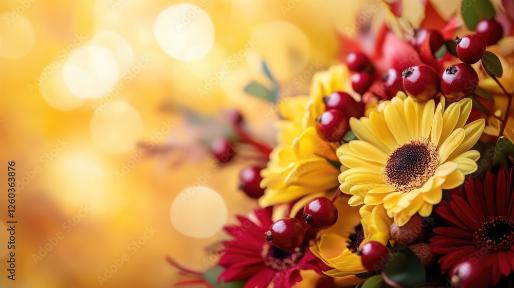 Poster vibrant autumn floral arrangement with yellow and red flowers and berries creating a warm scene with