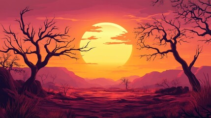 Naklejka premium Majestic Sunrise Over Gory Chuhut Landscape Featuring Silhouetted Trees and Vibrant Sky with Copyspace for Text Applications