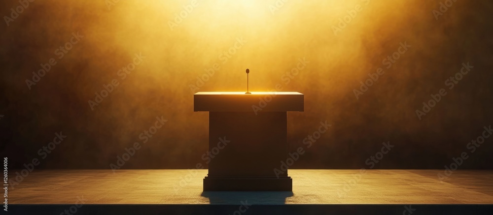 Poster sunlit podium with microphone in an empty space for text showcasing a historical perspective on publ