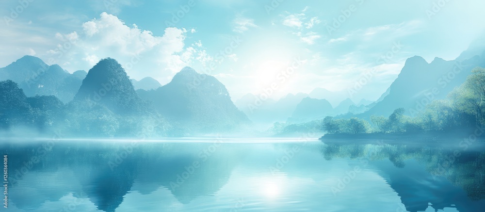 Poster tranquil mountain scenery with reflective water and spacious area for text integration in a serene n