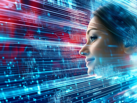  A woman's face blends with digital data streams, symbolizing artificial intelligence, futuristic technology, and the integration of human cognition with advanced digital networks in a cyber world