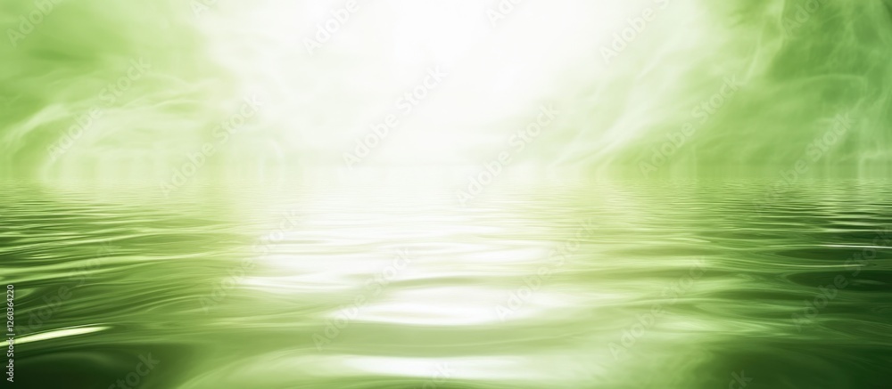 Poster tranquil green water surface with soft ripples and bright light reflection ideal for text overlay an