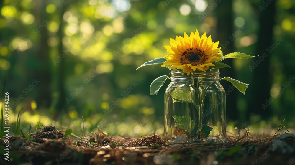Poster sunflower in a glass jar placed on forest floor with blurred greenery providing empty space for text