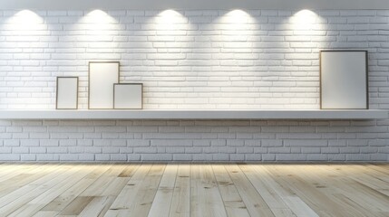 Stylish minimal interior featuring a white brick wall, wooden floor, and an art shelf with empty frames for customizable decor and design space.