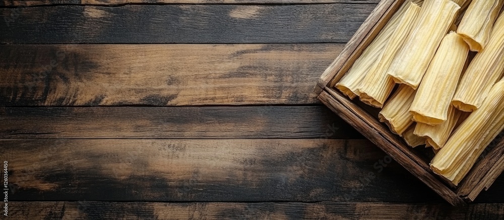 Aufkleber tamales displayed in a rustic wooden tray on a market table with ample empty space for text and adve