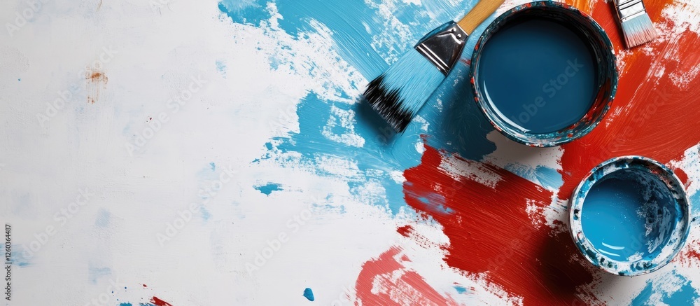 Poster glossy and matte paint smudges with brushes and cans on a surface ideal for text overlay in creative