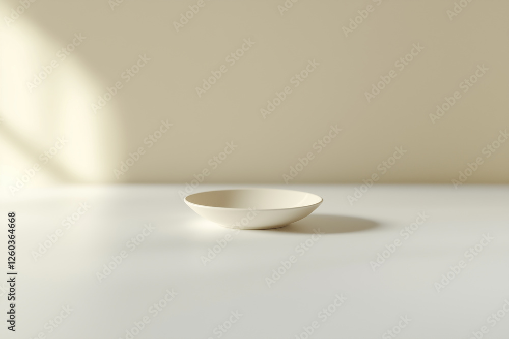 Poster empty plate rests on a clean white table in a minimalist setting during daylight
