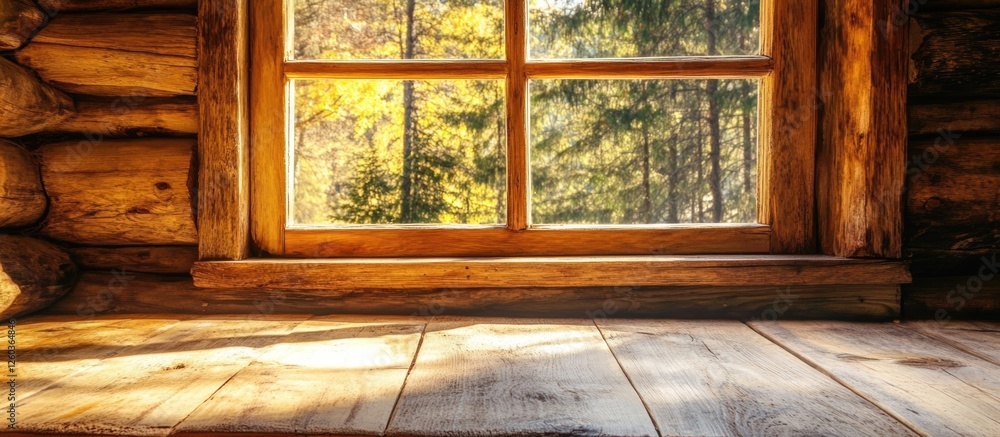 Poster serene wooden cabin interior with sunlight filtering through the window and natural views creating a