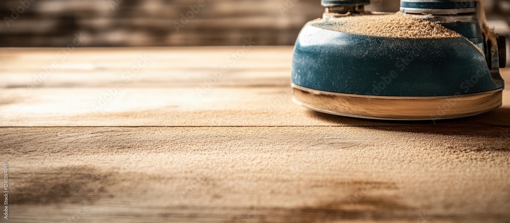 Poster woodworking tool with female sanding machine on wooden surface with empty space for text and creativ