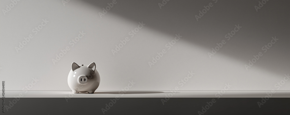 Poster unused piggy bank placed on a white surface with soft light casting a shadow enhancing its features